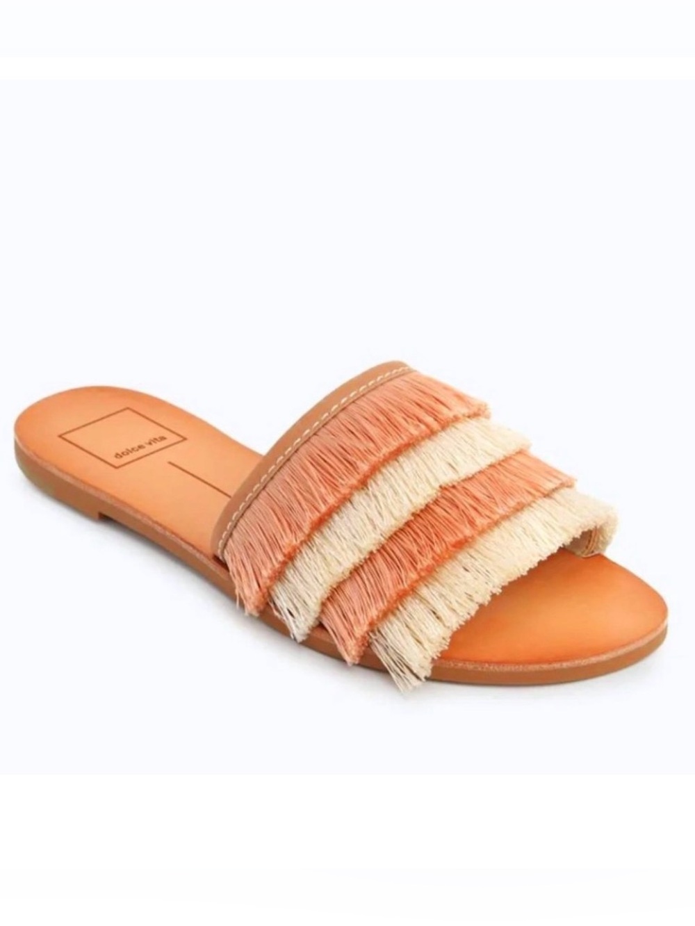 New DOLCE VITA Celaya Natural Straw Fringe Sandal Slides Peaches & Cream 8